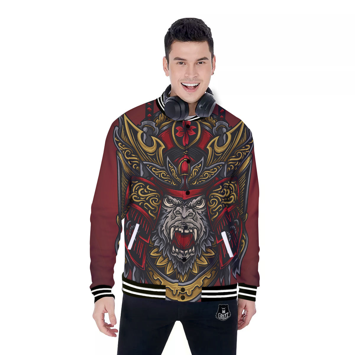Red Gorilla Samurai Print Baseball Jacket-grizzshop