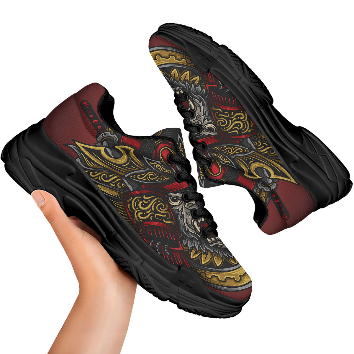 Red Gorilla Samurai Print Black Chunky Shoes-grizzshop
