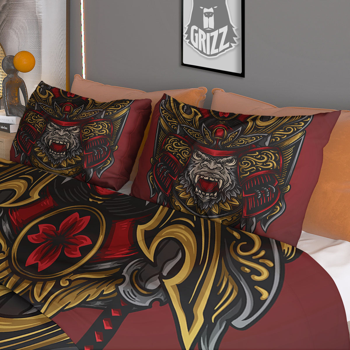 Red Gorilla Samurai Print Duvet Cover Bedding Set