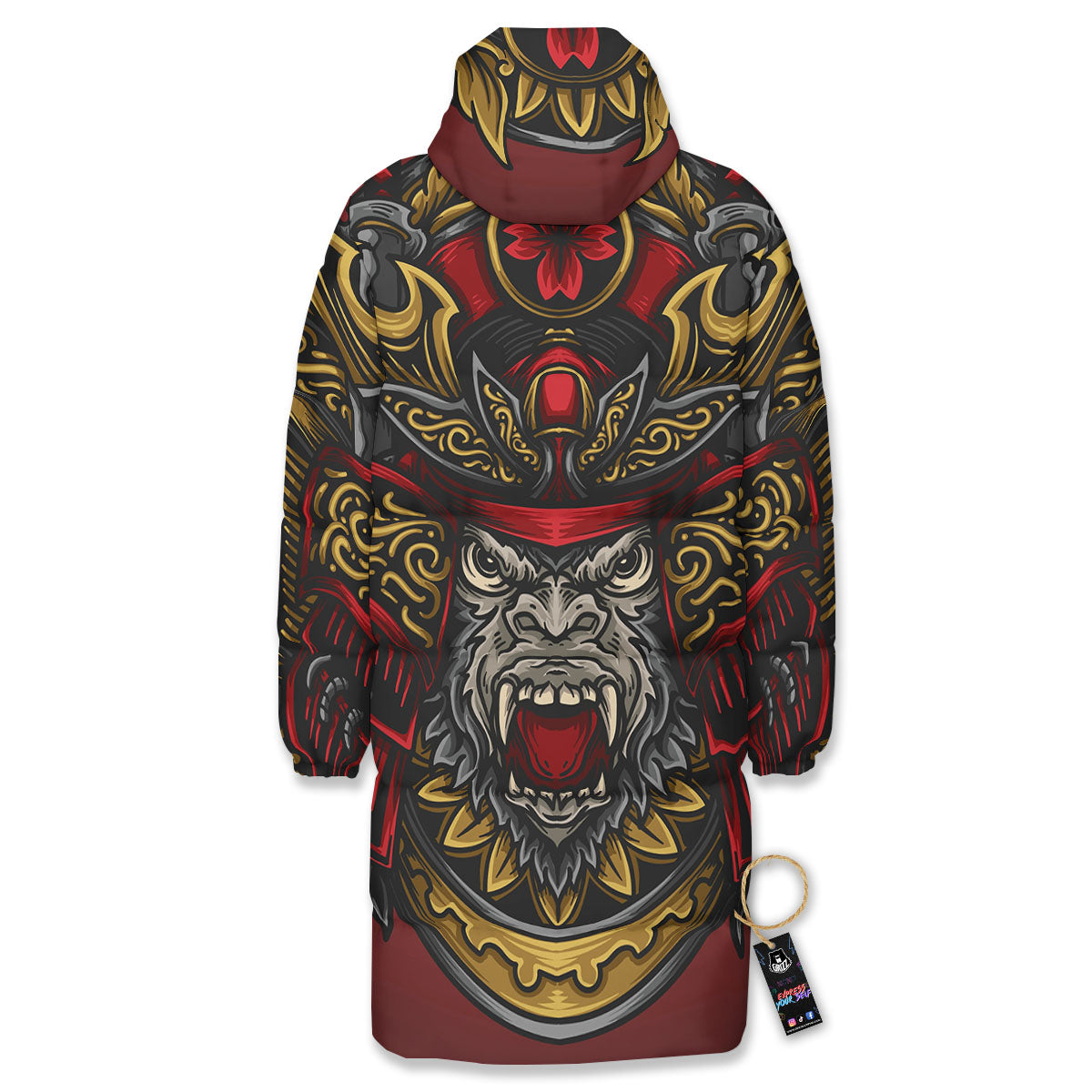 Red Gorilla Samurai Print Long Down Jacket-grizzshop