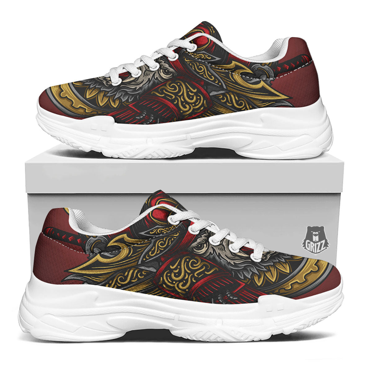 Red Gorilla Samurai Print White Chunky Shoes-grizzshop