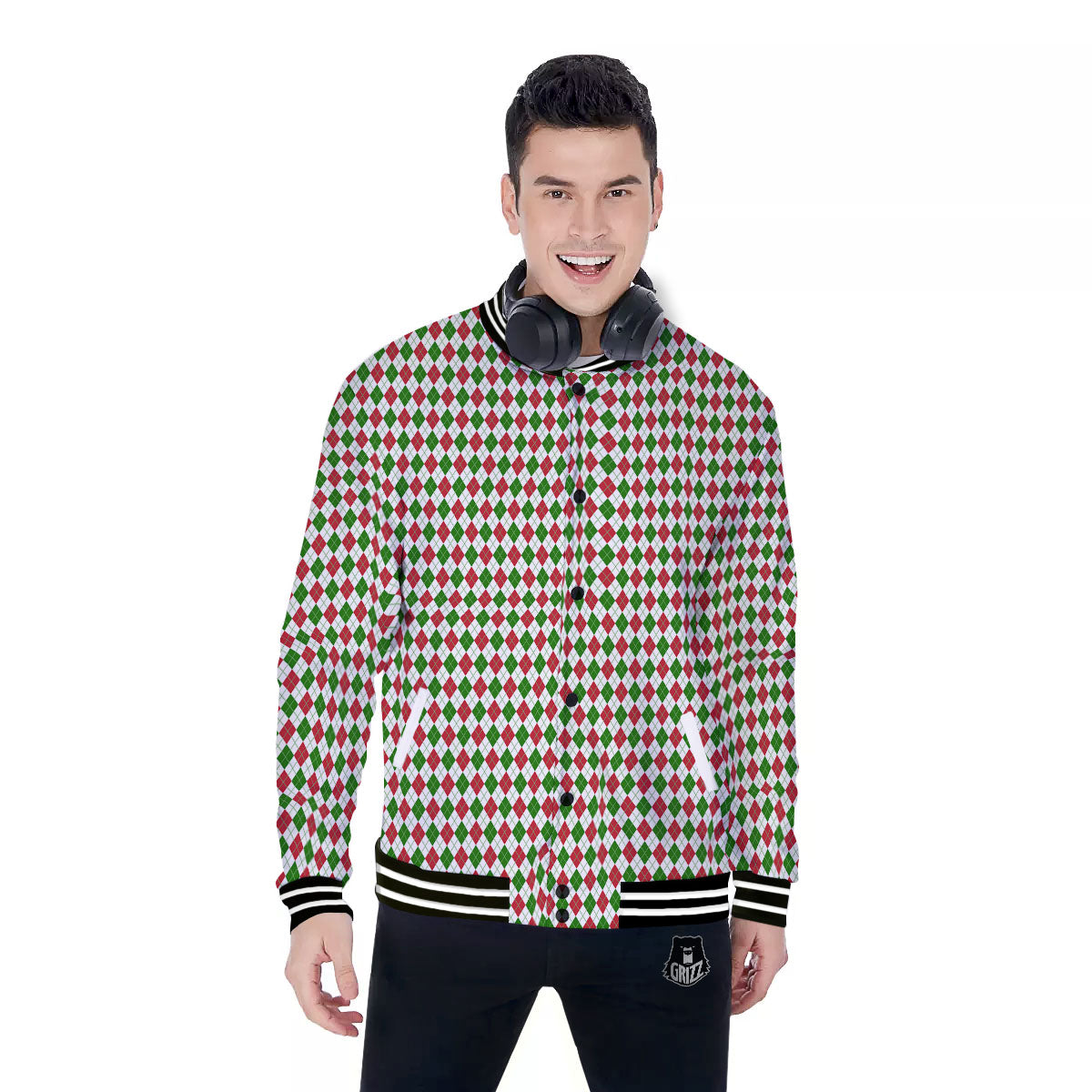 Red Green And White Argyle Print Pattern Baseball Jacket-grizzshop