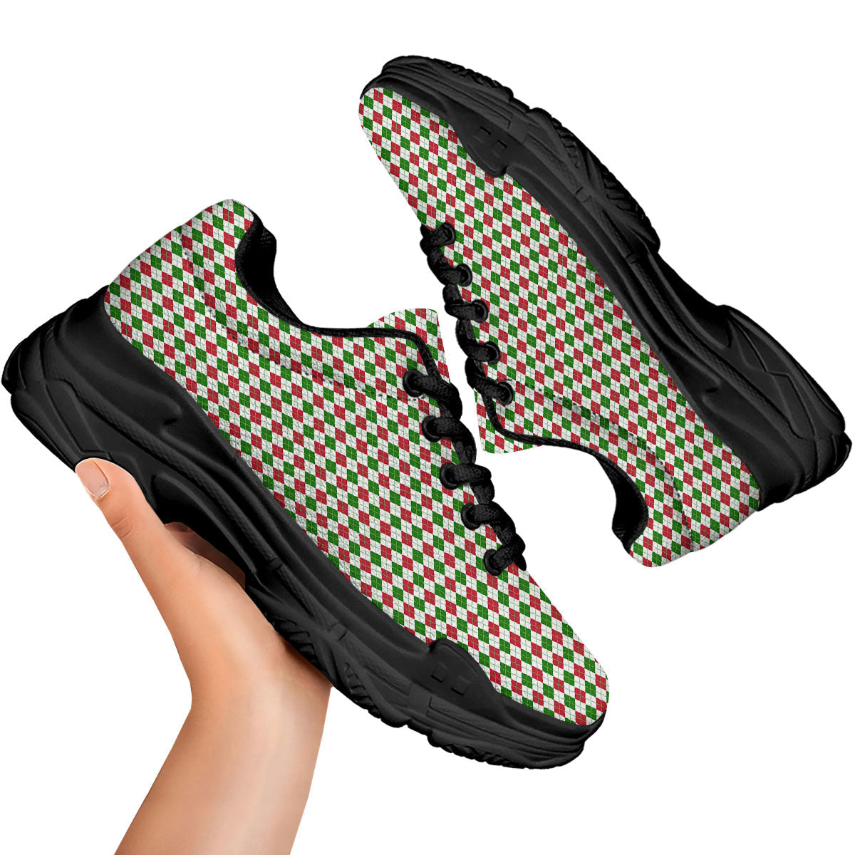 Red Green And White Argyle Print Pattern Black Chunky Shoes-grizzshop