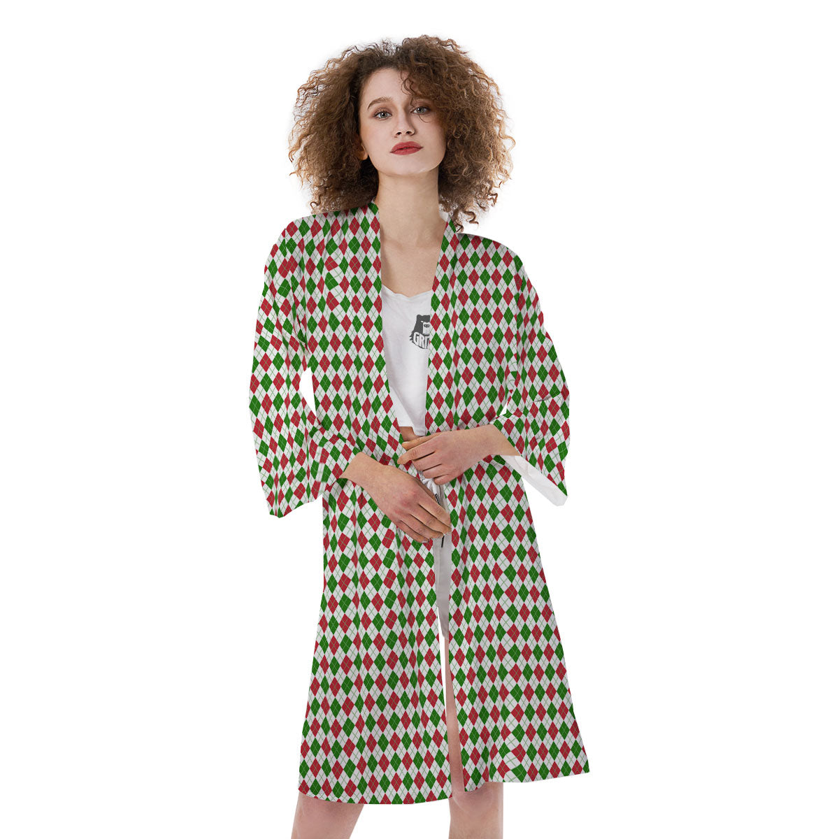 Red Green And White Argyle Print Pattern Kimono-grizzshop