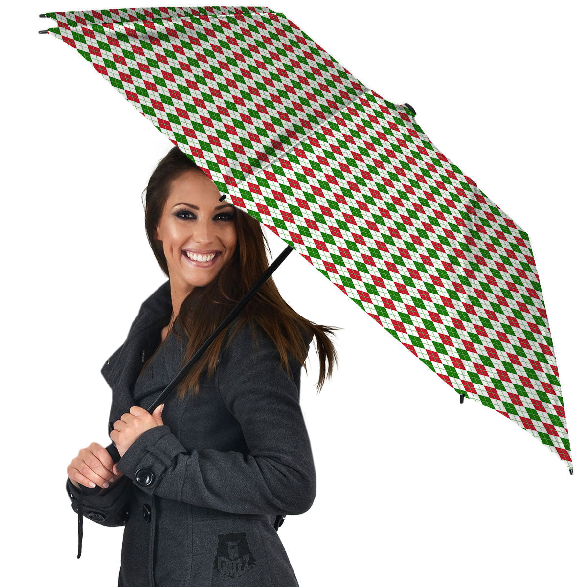 Red Green And White Argyle Print Pattern Umbrella-grizzshop