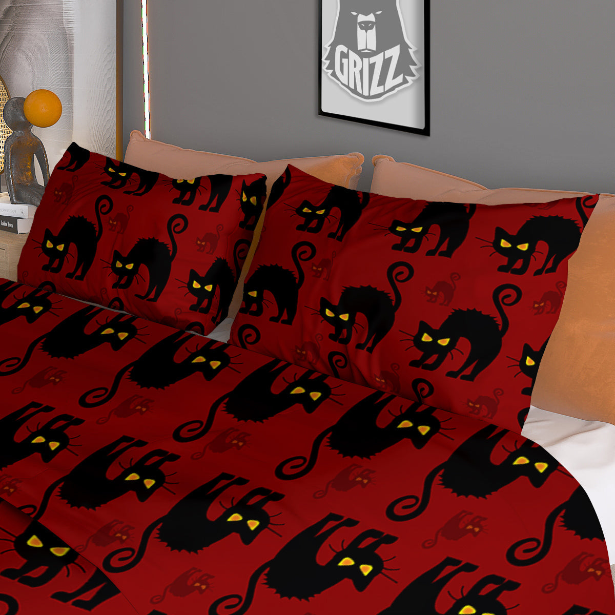 Red Halloween Cat Print Pattern Duvet Cover Bedding Set