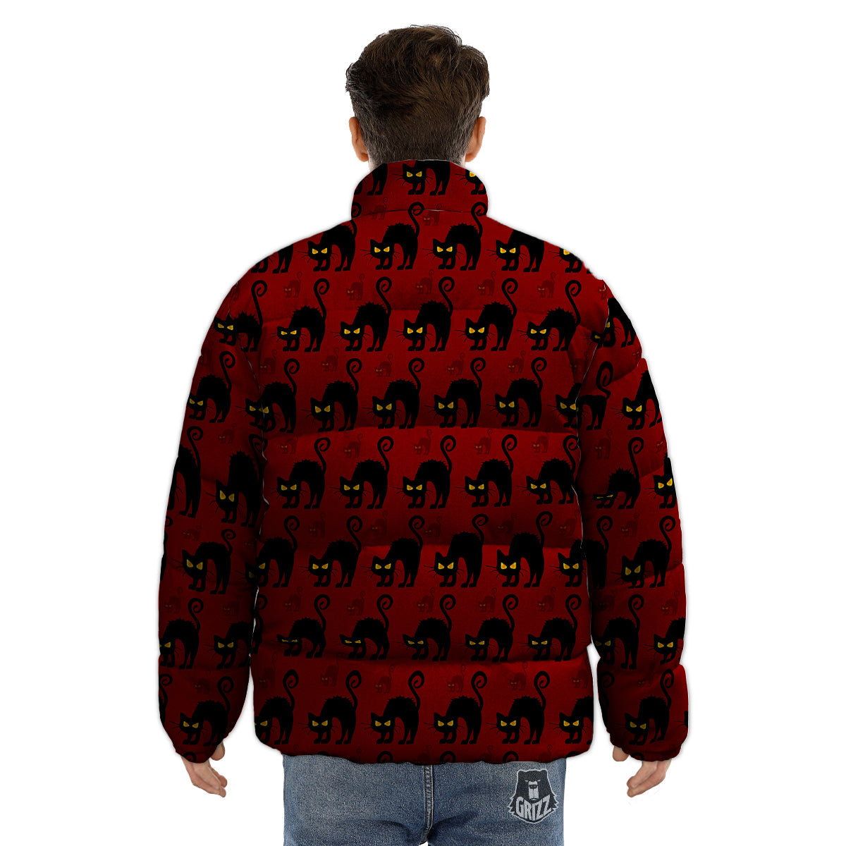 Red Halloween Cat Print Pattern Puffer Jacket-grizzshop