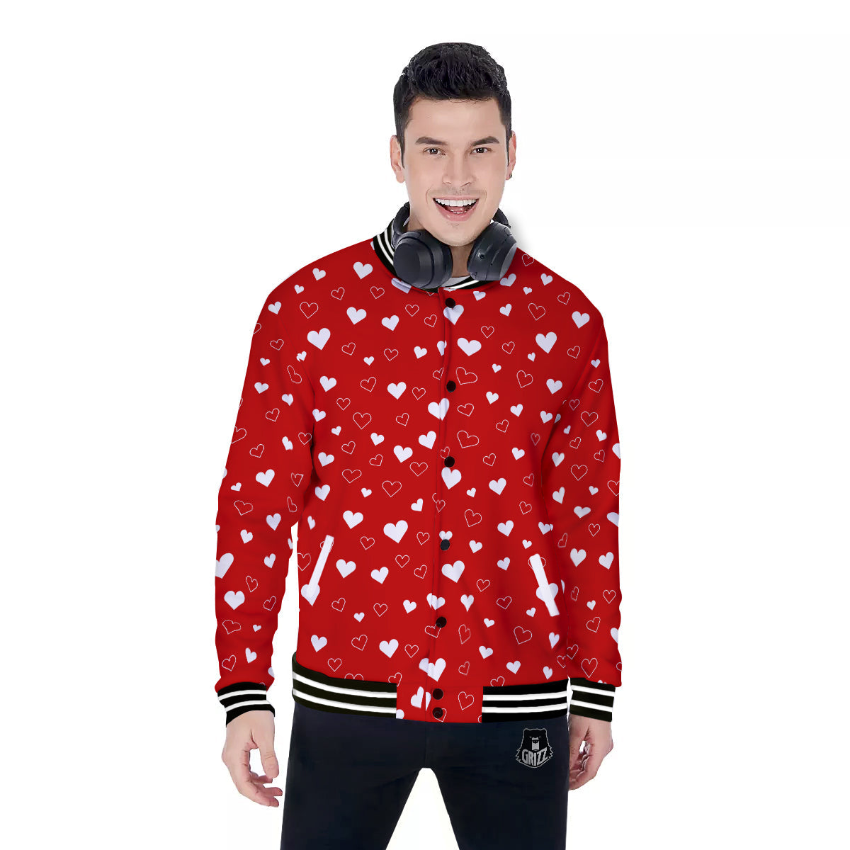 Red Heart And White Print Pattern Baseball Jacket-grizzshop