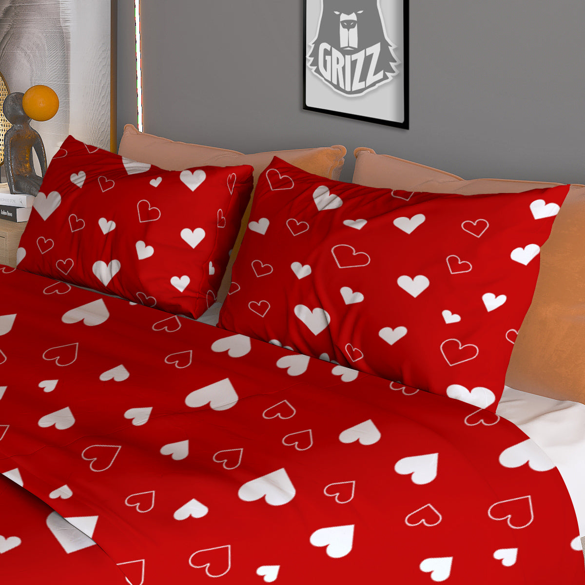Red Heart And White Print Pattern Duvet Cover Bedding Set