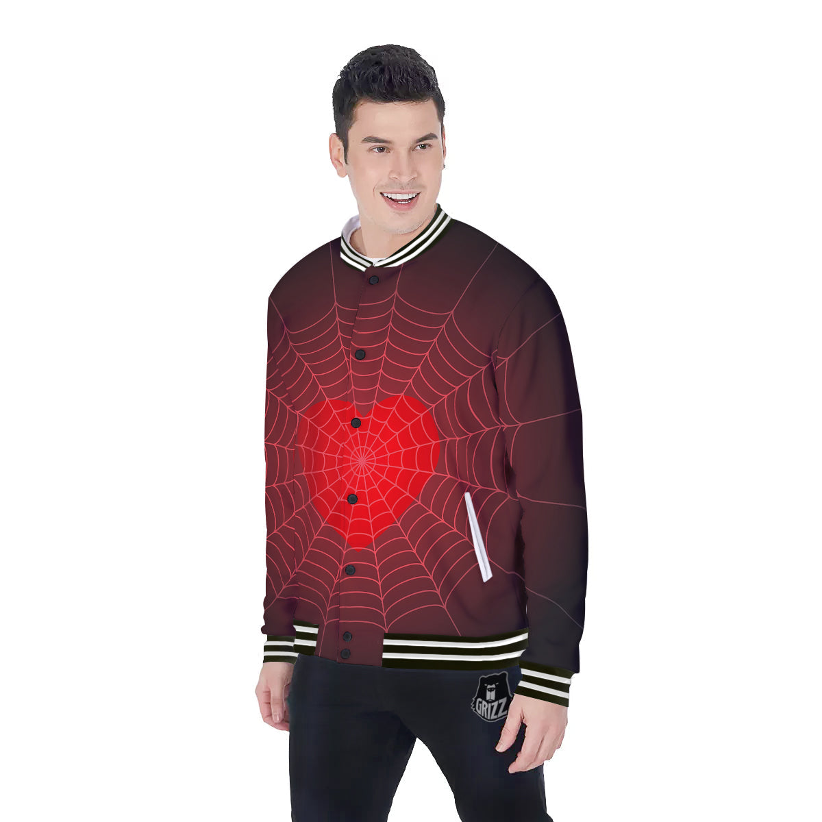 Red Heart Spider Web Print Baseball Jacket-grizzshop
