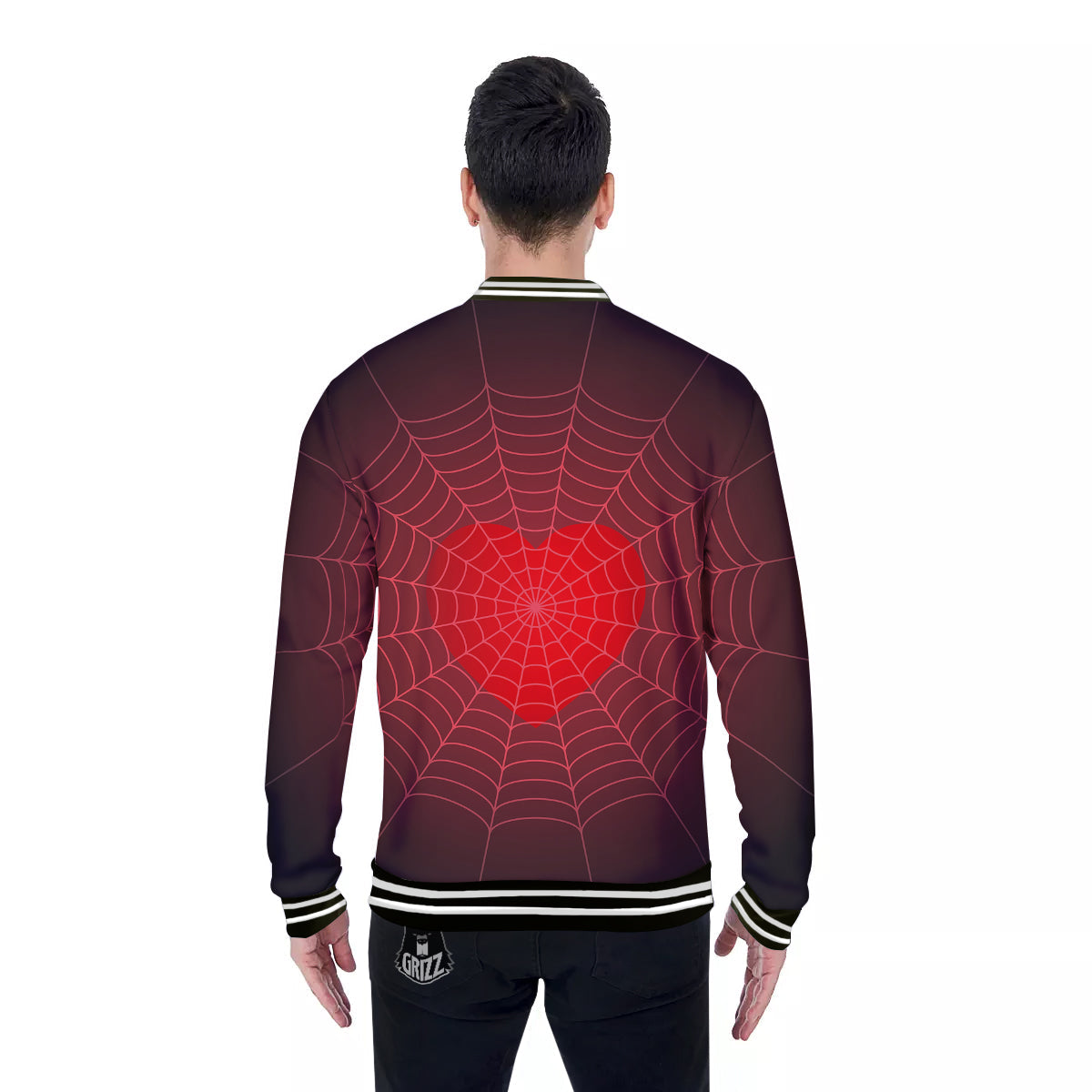 Red Heart Spider Web Print Baseball Jacket-grizzshop