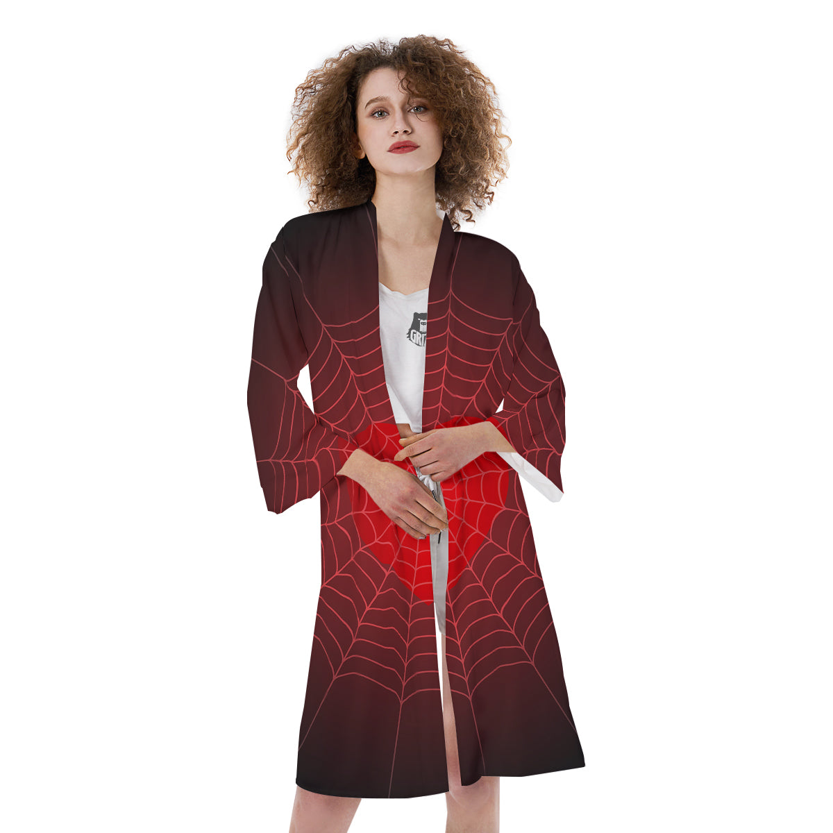 Red Heart Spider Web Print Kimono-grizzshop