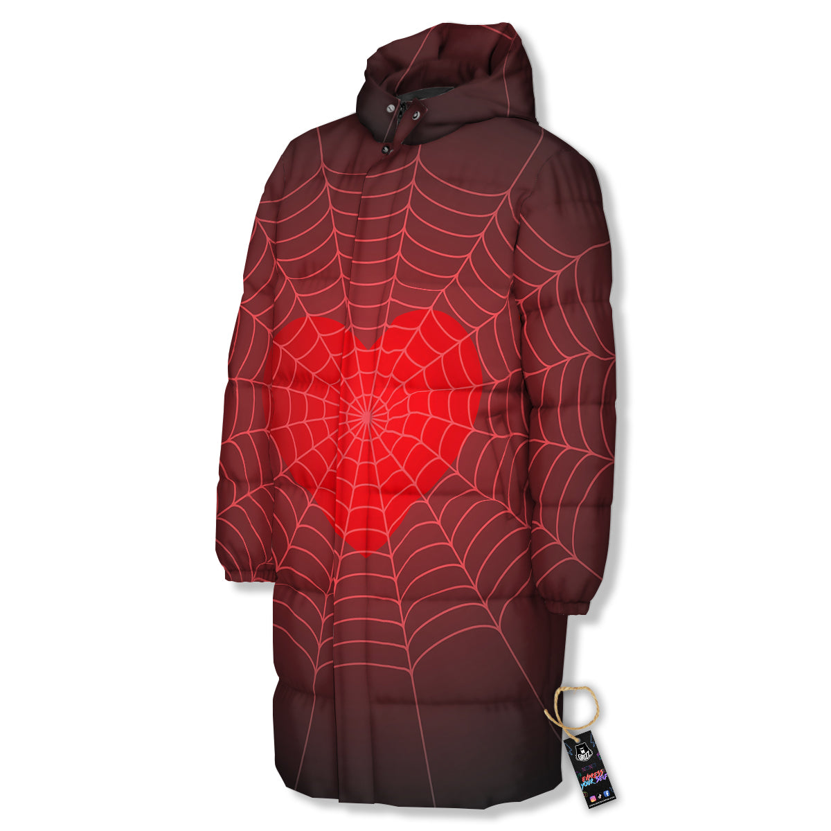 Red Heart Spider Web Print Long Down Jacket-grizzshop