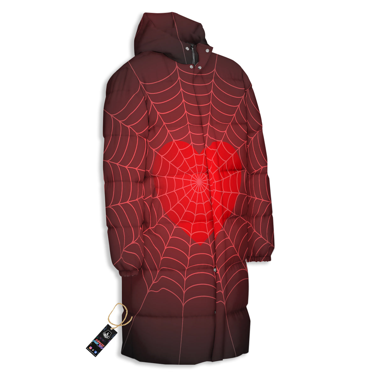 Red Heart Spider Web Print Long Down Jacket-grizzshop