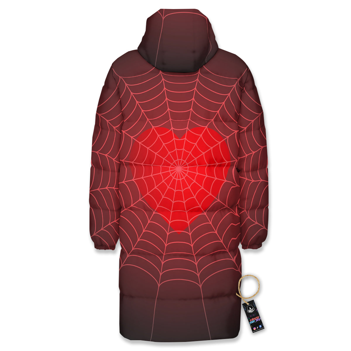 Red Heart Spider Web Print Long Down Jacket-grizzshop