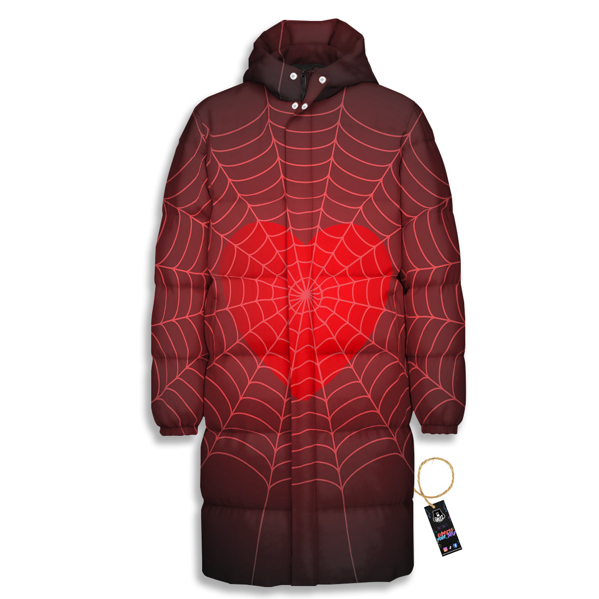Red Heart Spider Web Print Long Down Jacket-grizzshop