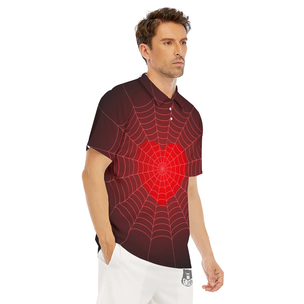 Red Heart Spider Web Print Men's Golf Shirts-grizzshop