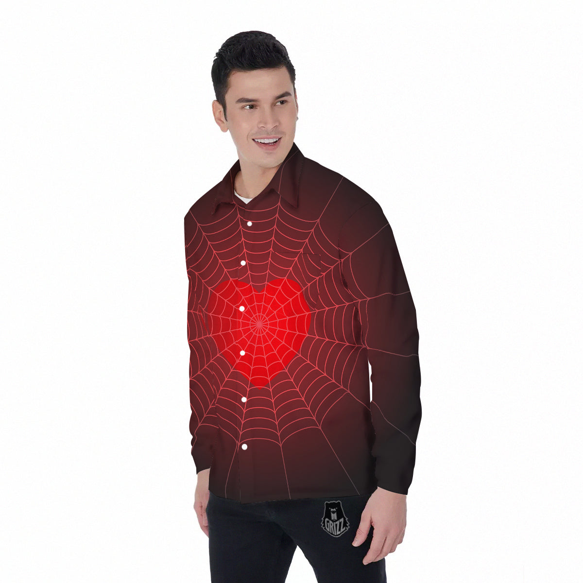 Red Heart Spider Web Print Men's Long Sleeve Shirts-grizzshop