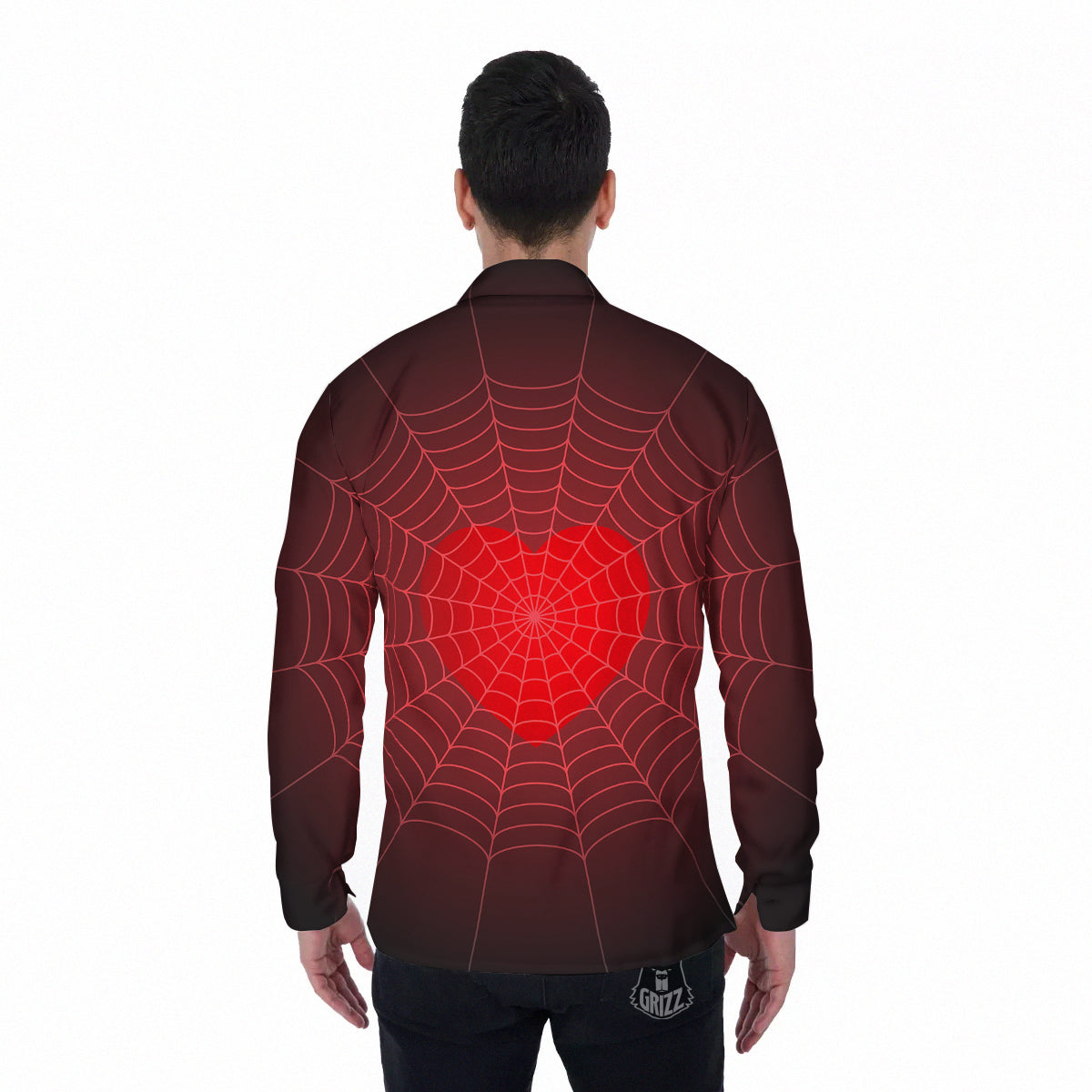 Red Heart Spider Web Print Men's Long Sleeve Shirts-grizzshop