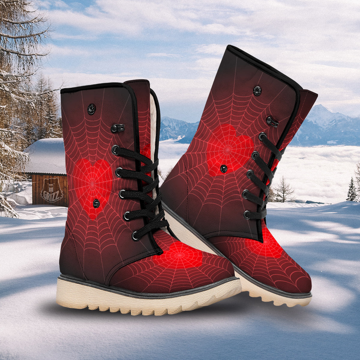 Red Heart Spider Web Print Snow Boots-grizzshop