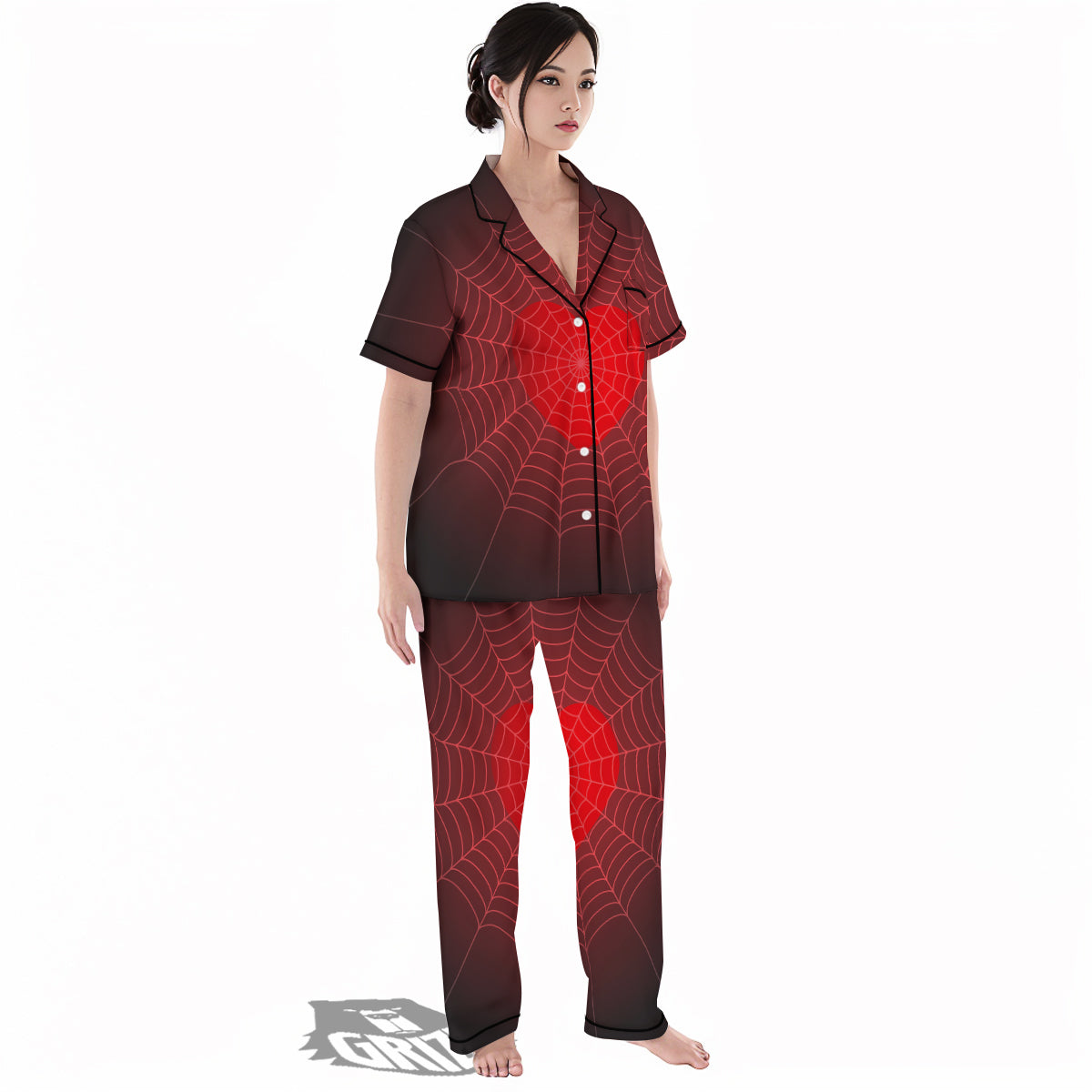 Red Heart Spider Web Print Women's Pajamas Set-grizzshop