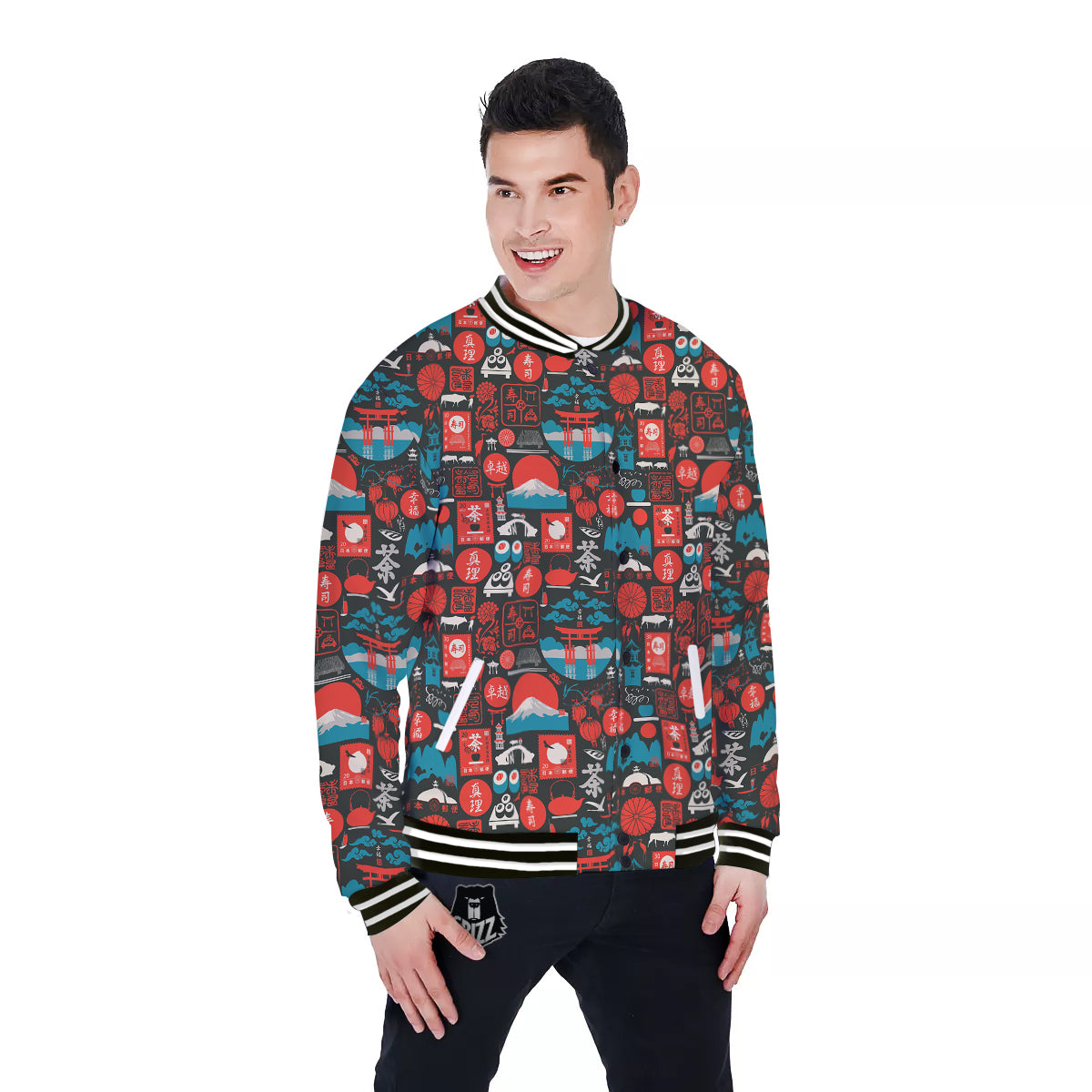 Red Japanese Characters Print Pattern Baseball Jacket-grizzshop