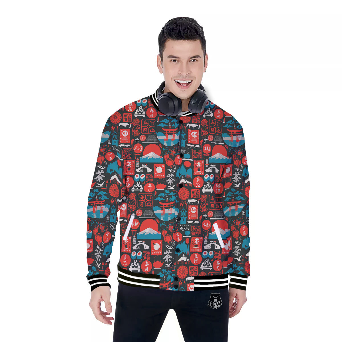 Red Japanese Characters Print Pattern Baseball Jacket-grizzshop