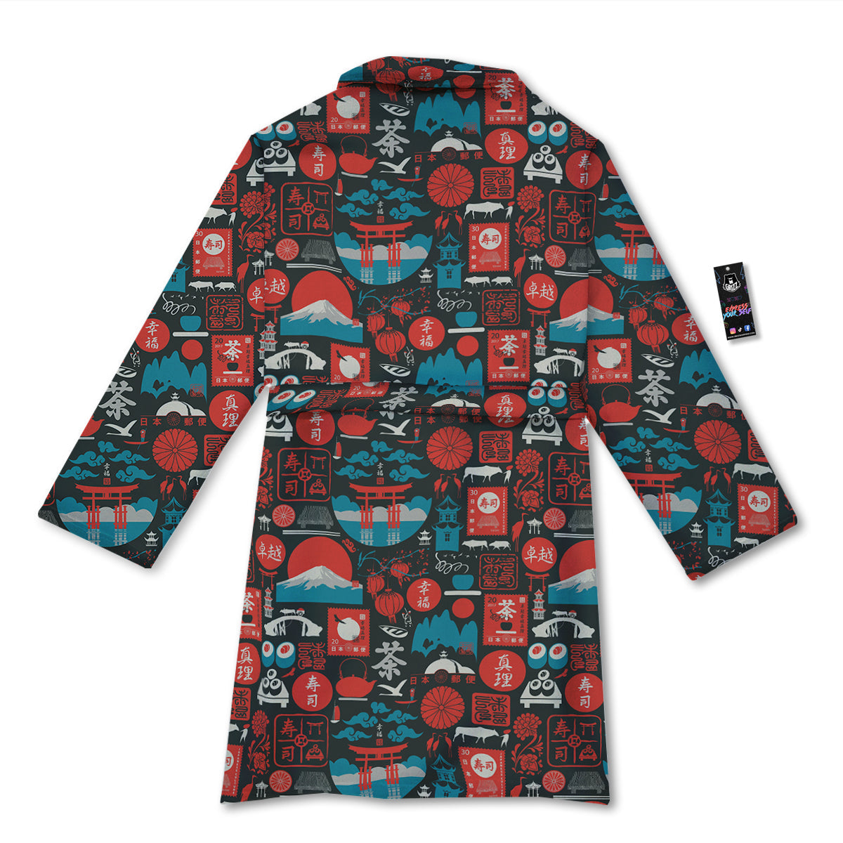 Red Japanese Characters Print Pattern Bathrobe-grizzshop