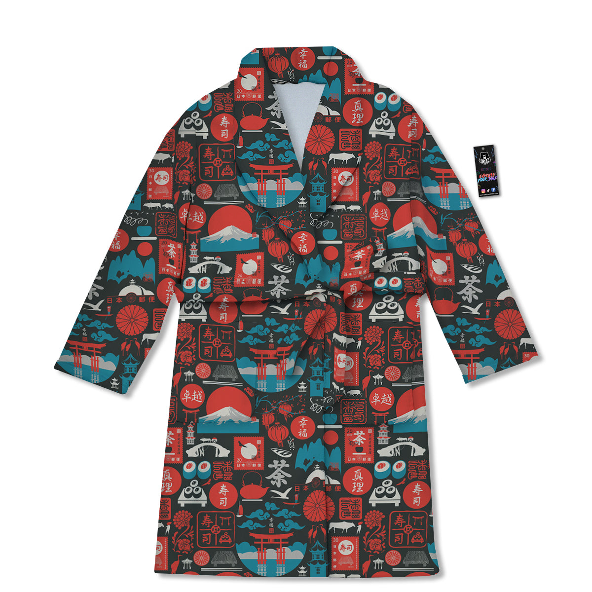 Red Japanese Characters Print Pattern Bathrobe-grizzshop