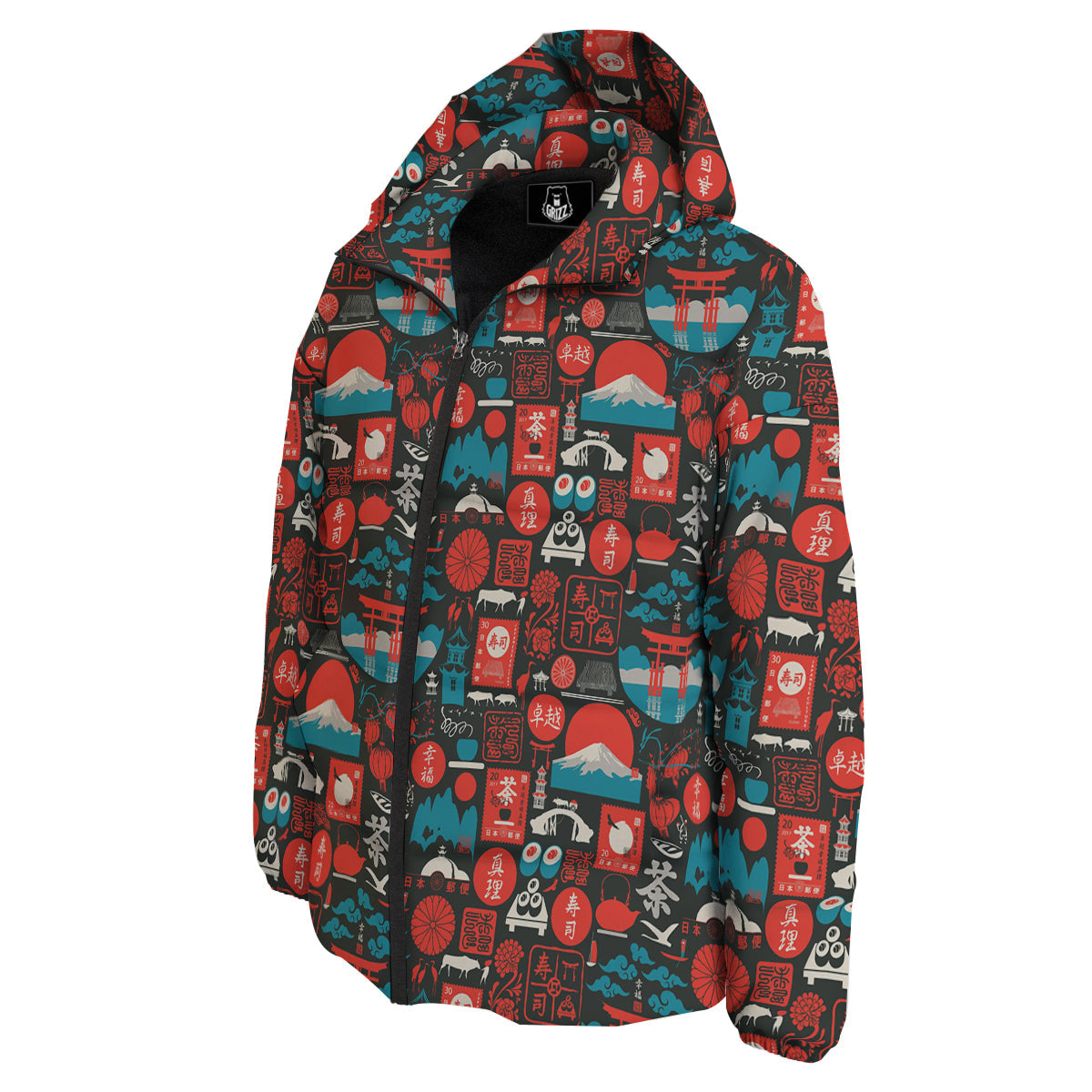 Red Japanese Characters Print Pattern Down Jacket-grizzshop