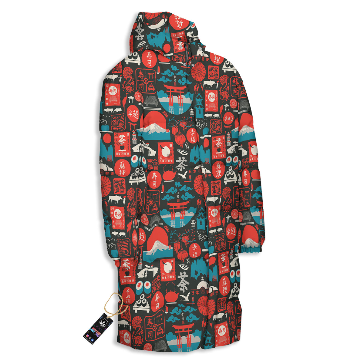 Red Japanese Characters Print Pattern Long Down Jacket-grizzshop