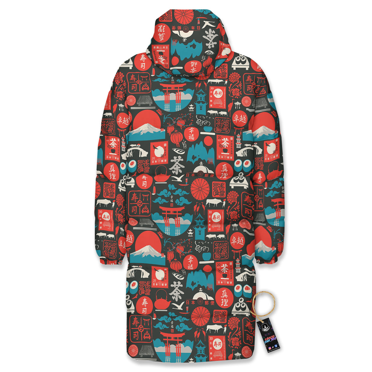 Red Japanese Characters Print Pattern Long Down Jacket-grizzshop