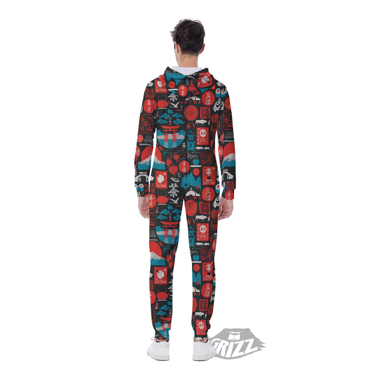 Red Japanese Characters Print Pattern Men's Jumpsuit-grizzshop