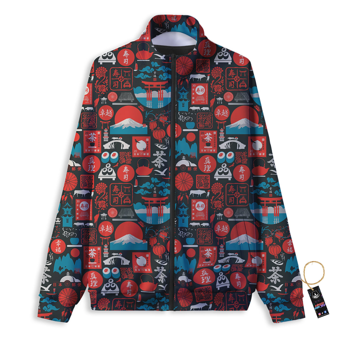 Red Japanese Characters Print Pattern Track Jacket-grizzshop