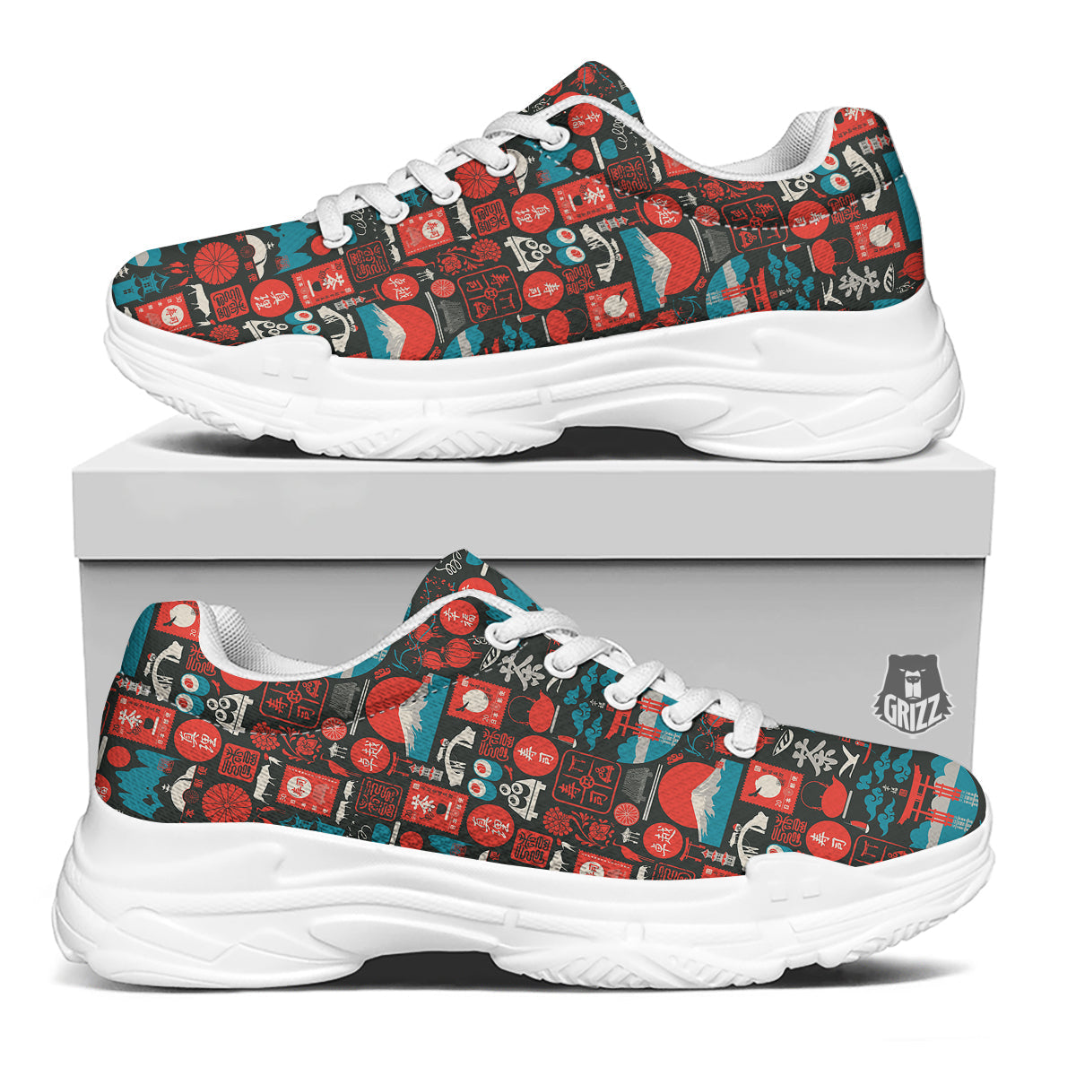 Red Japanese Characters Print Pattern White Chunky Shoes-grizzshop