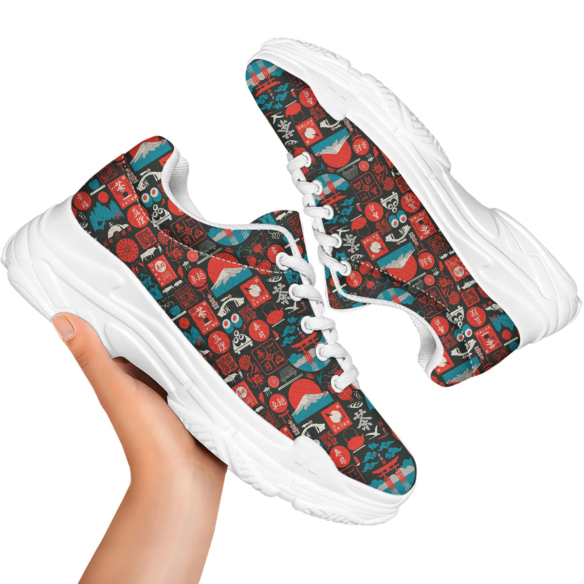 Red Japanese Characters Print Pattern White Chunky Shoes-grizzshop