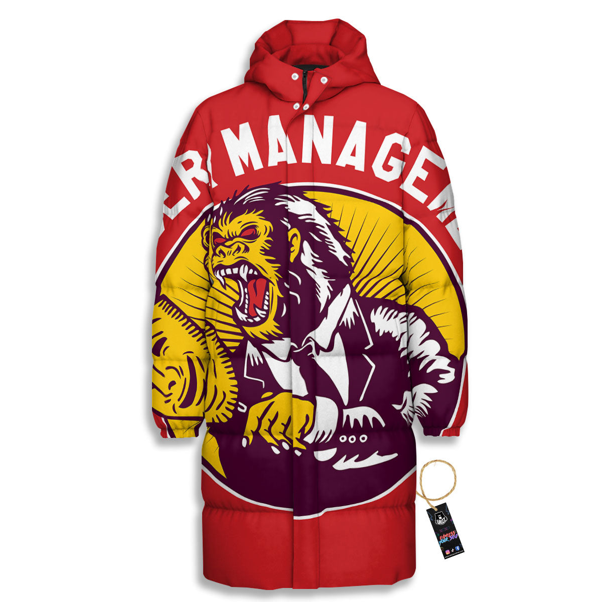Red King Kong Gorilla Print Long Down Jacket-grizzshop