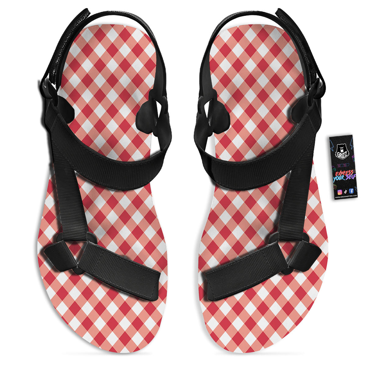 Red Lava And White Gingham Print Black Open Toe Sandals-grizzshop