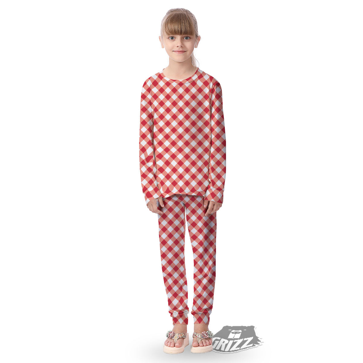 Red Lava And White Gingham Print Kid's Pajamas-grizzshop