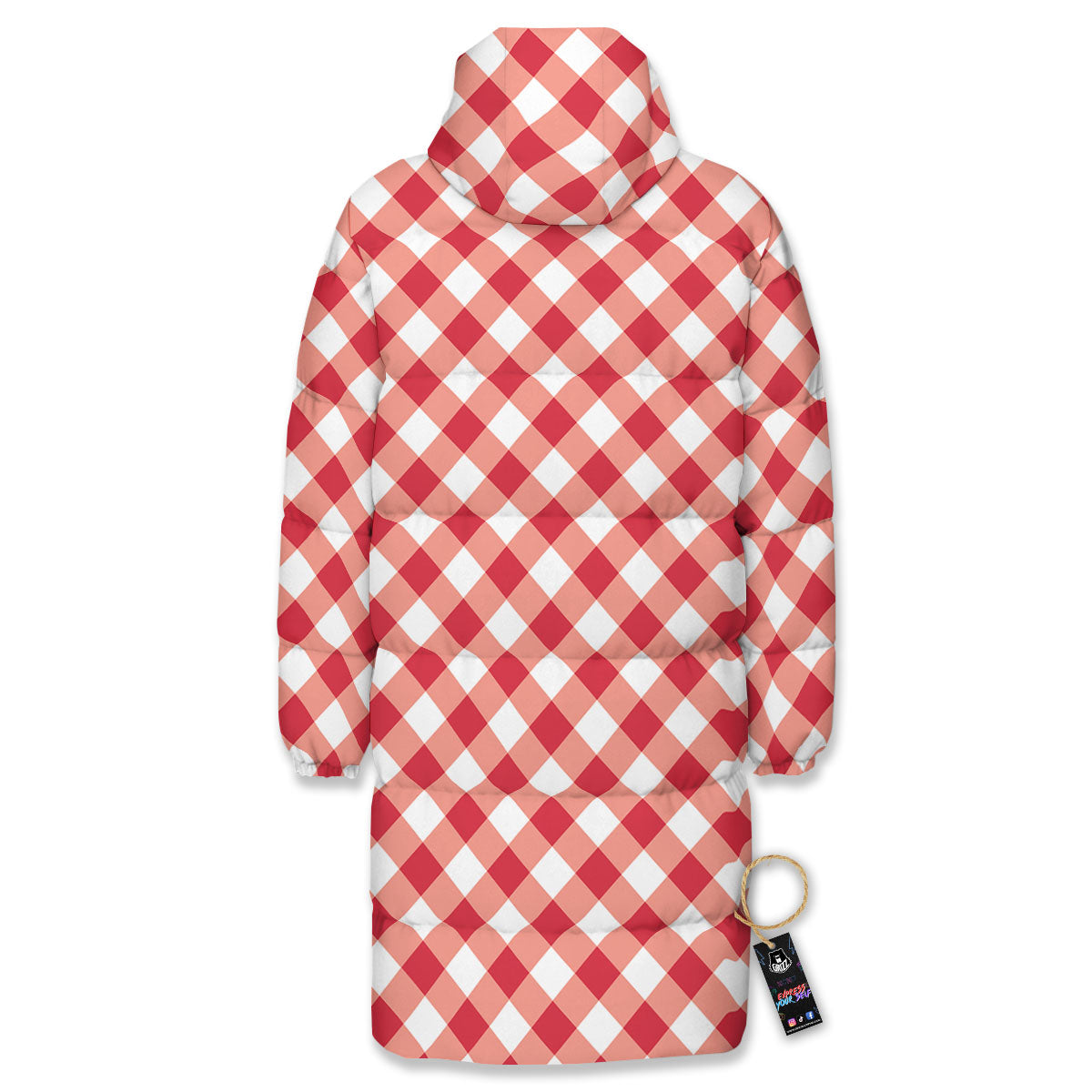Red Lava And White Gingham Print Long Down Jacket-grizzshop