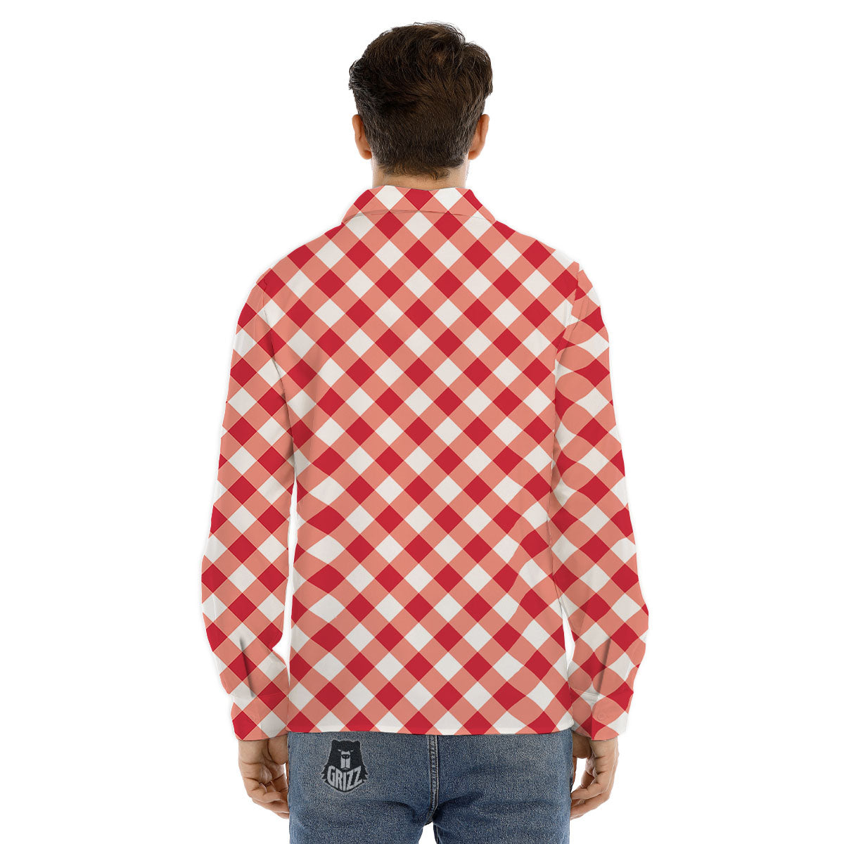 Red Lava And White Gingham Print Men's Dress Shirts-grizzshop