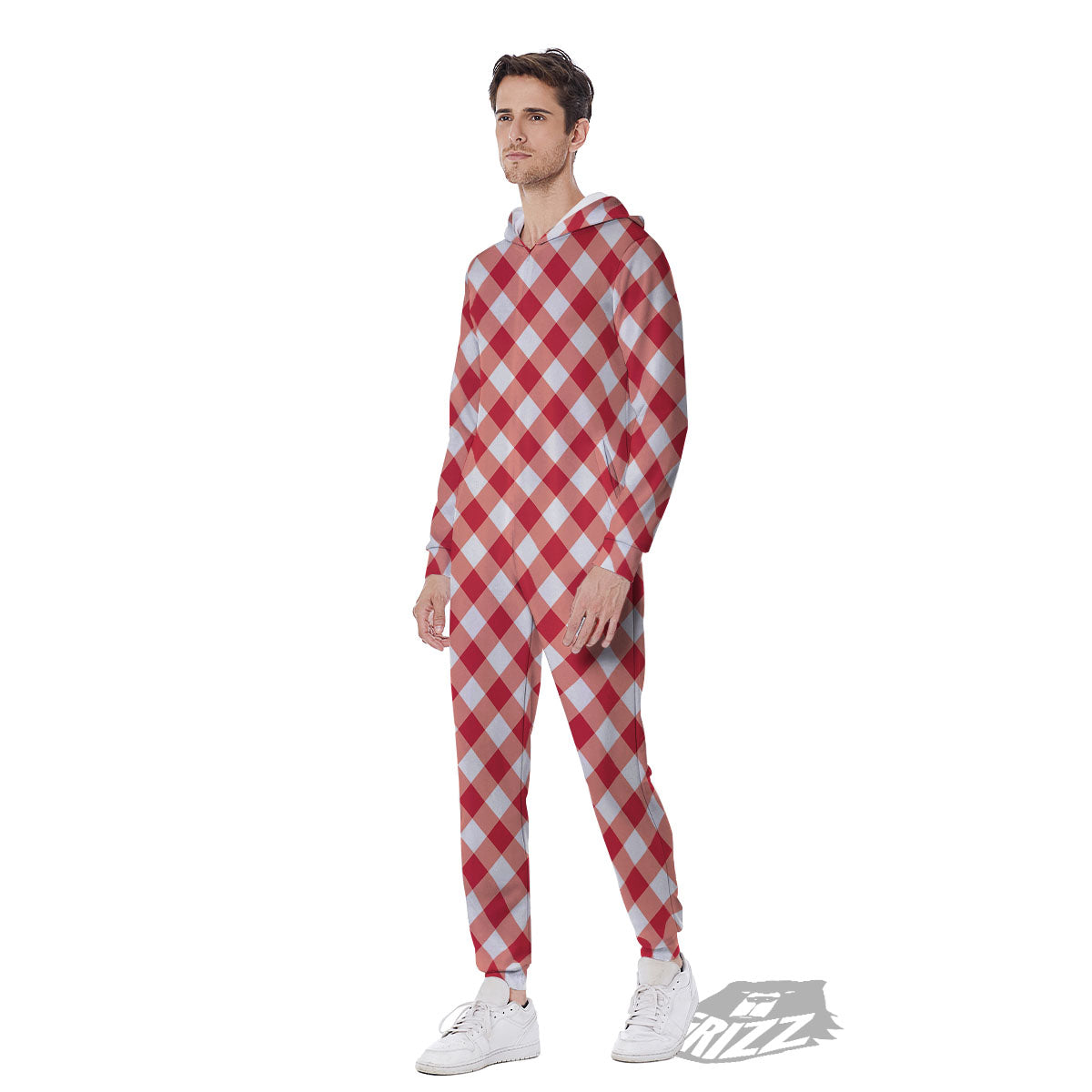 Red Lava And White Gingham Print Men's Jumpsuit-grizzshop