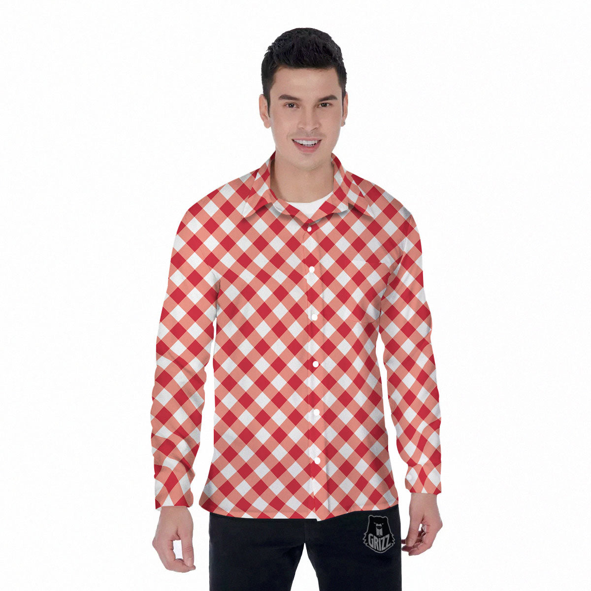 Red Lava And White Gingham Print Men's Long Sleeve Shirts-grizzshop