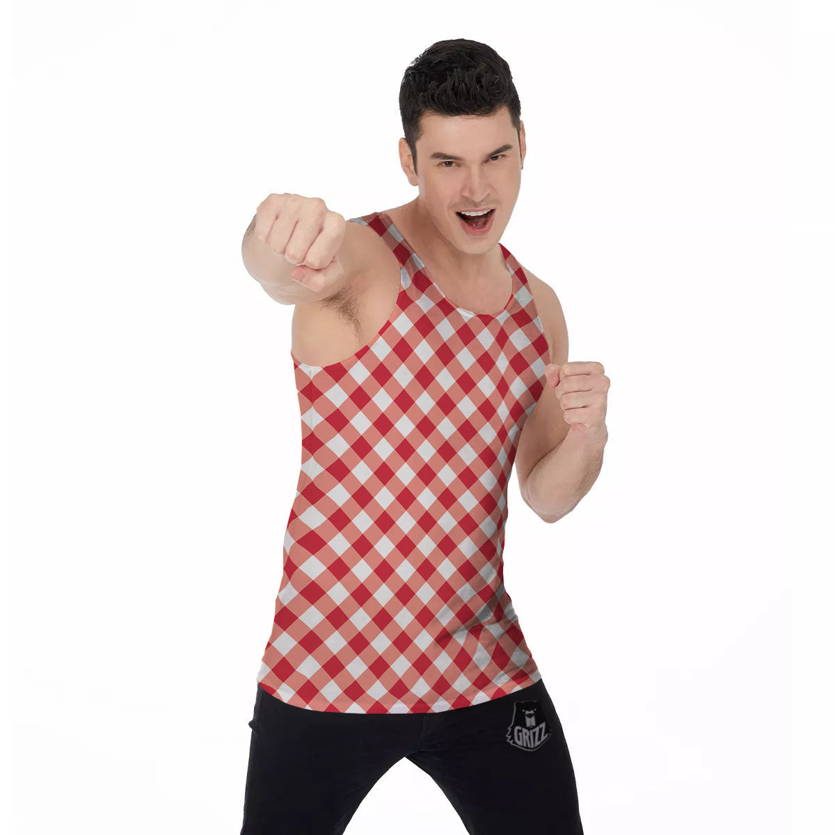 Red Lava And White Gingham Print Men's Tank Top-grizzshop