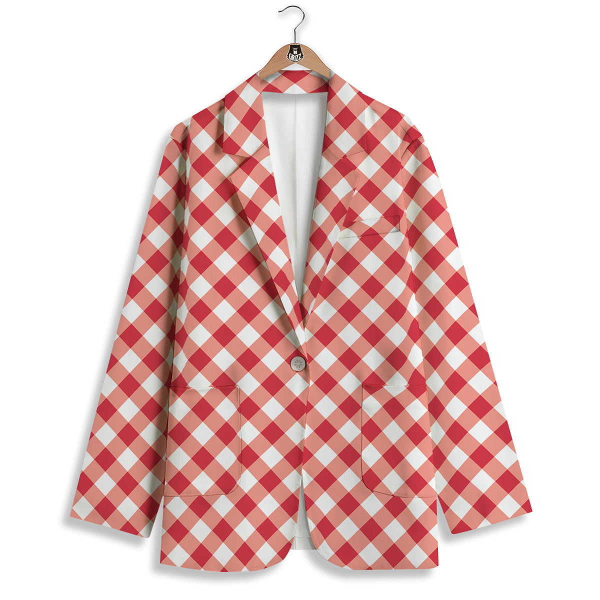 Red Lava And White Gingham Print Women's Blazer-grizzshop