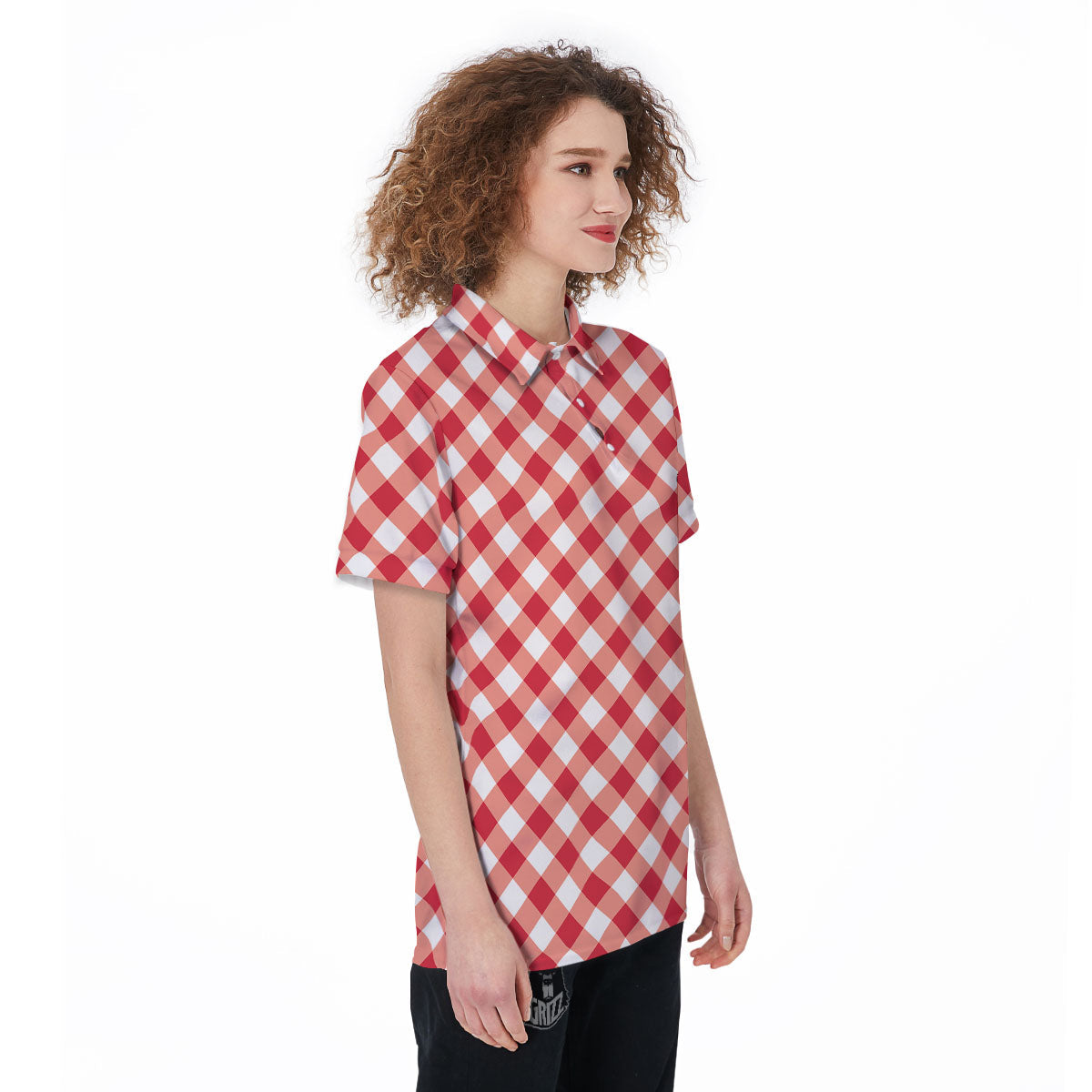 Red Lava And White Gingham Print Women's Golf Shirts-grizzshop