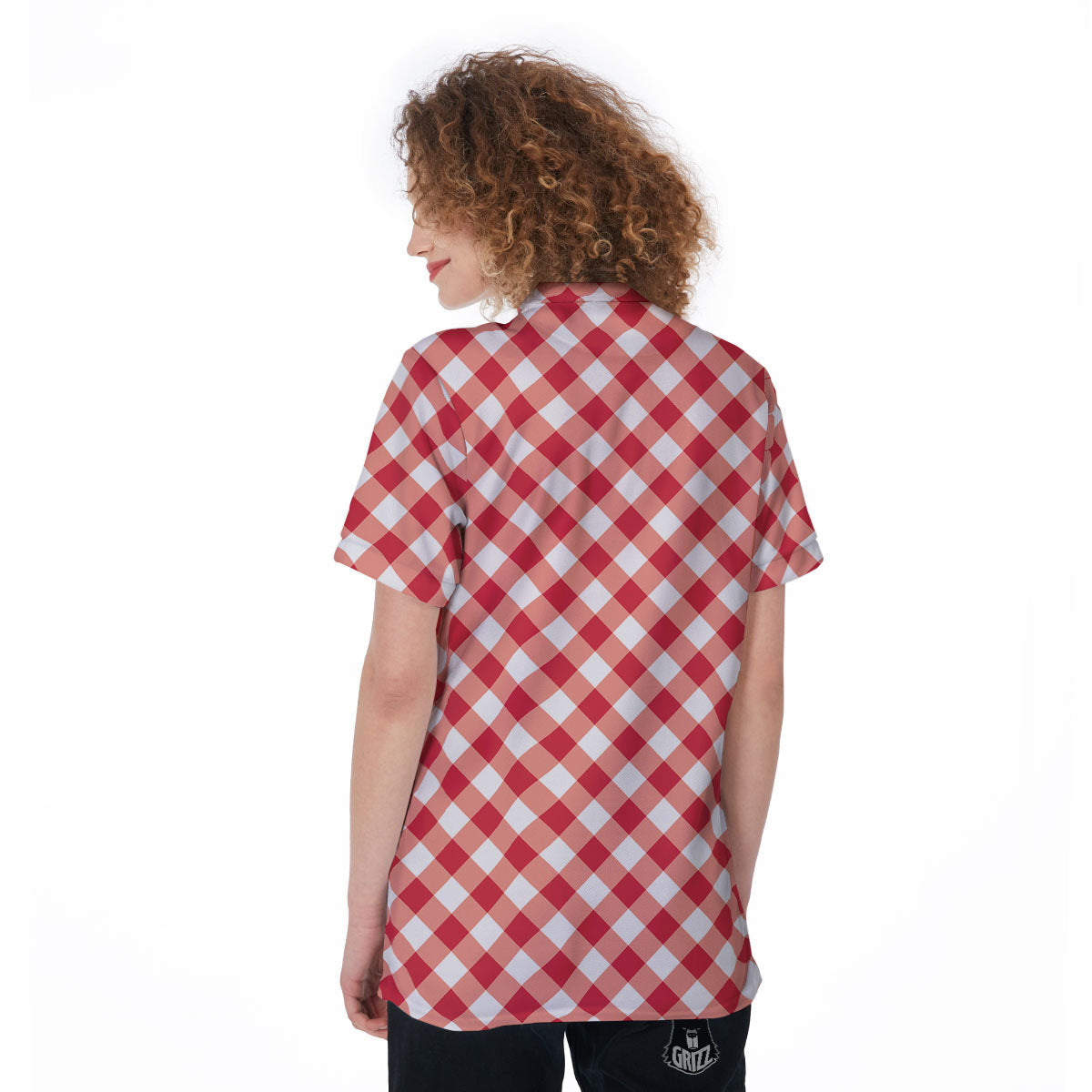 Red Lava And White Gingham Print Women's Golf Shirts-grizzshop