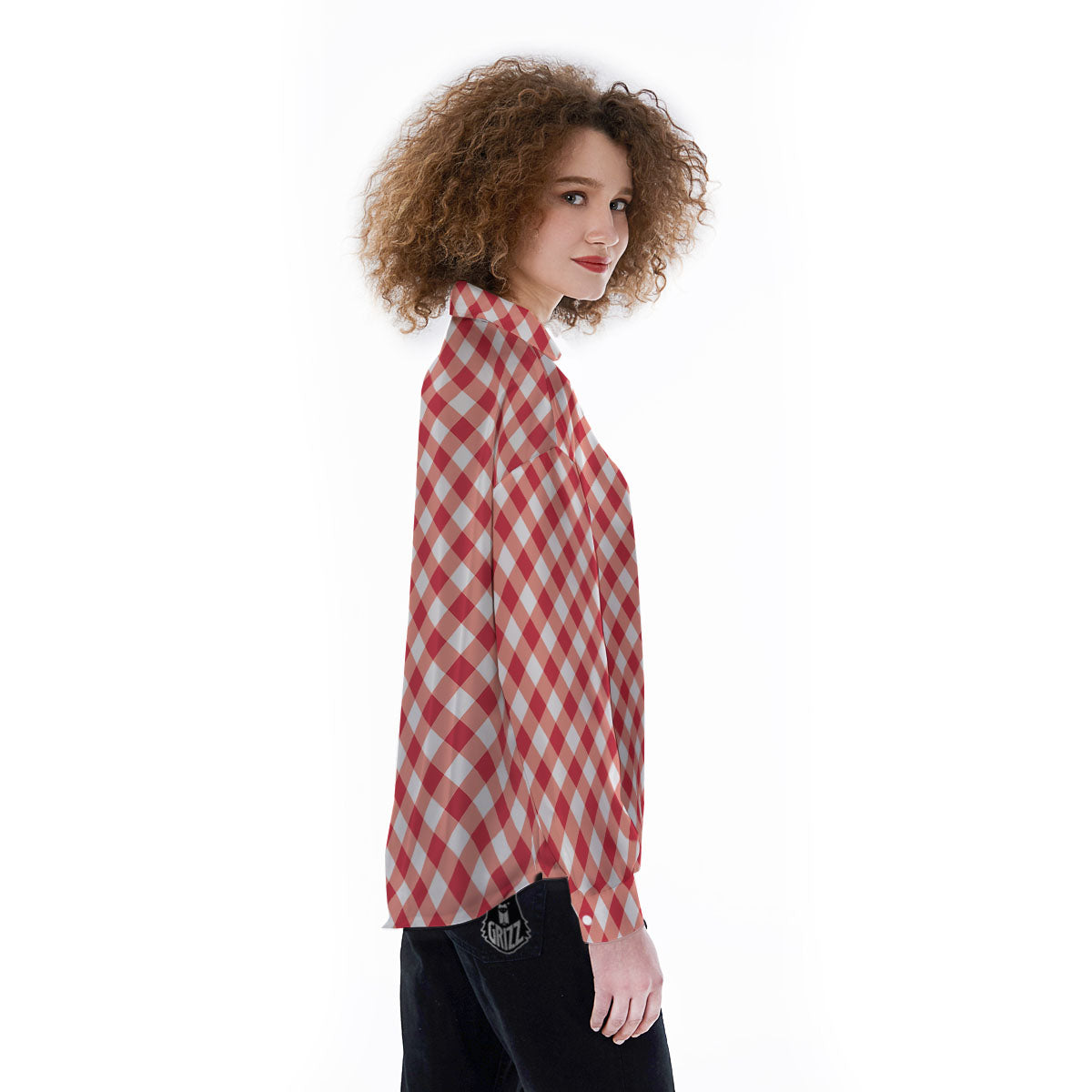 Red Lava And White Gingham Print Women's Long Sleeve Shirts-grizzshop