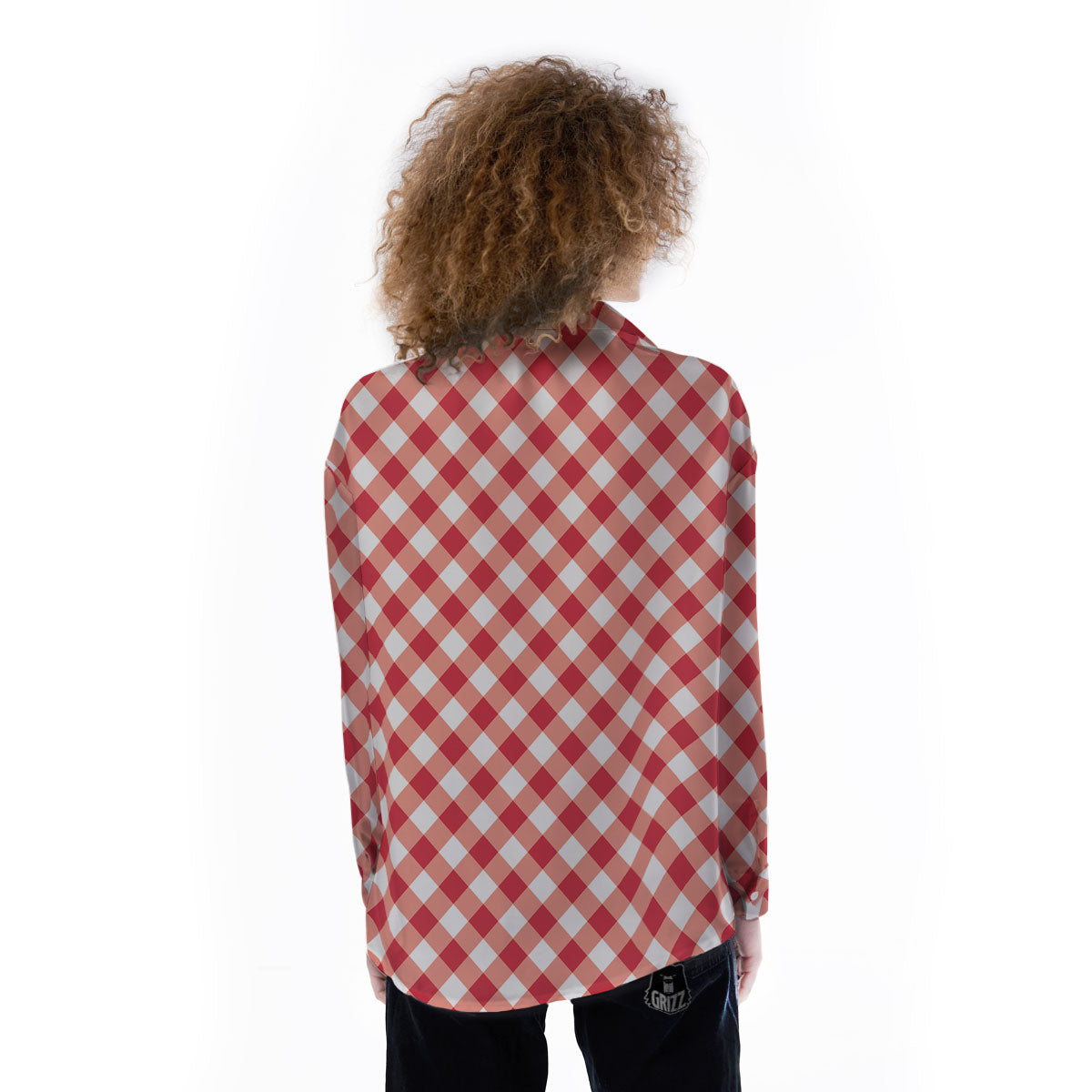 Red Lava And White Gingham Print Women's Long Sleeve Shirts-grizzshop