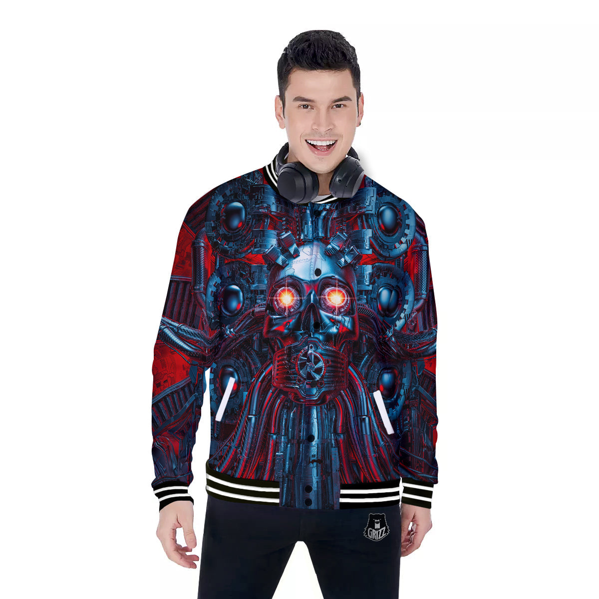 Red Machine Robot Print Baseball Jacket-grizzshop